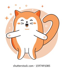 Funny happy white-ginger cat standing with raised paws, cute cartoon animal character. Hand drawn vector image isolated on a white background.