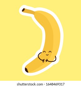Funny happy yellow banana sticker with Kawaii cute face. Happy person with closed eyes. Best for learning children for food names or as an element in healthy lifestyle design. Funny illustration