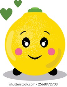 Funny happy yellow lemon mascot with green hearts