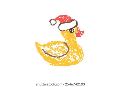 Pato de goma amarillo feliz divertido en sombrero de Navidades. Crayón como la mano del niño dibujado lindo baño chirriante pequeño pato quack juguete Pastel tiza lápiz niños arte plana de dibujos animados. Vector fácil doodle carácter simple