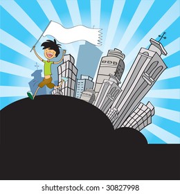 funny happy young man with flag over cityscape. Vector illustration