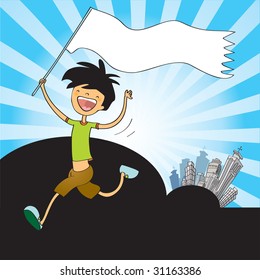 jovencito divertido y feliz con bandera y paisaje urbano. Ilustración del vector