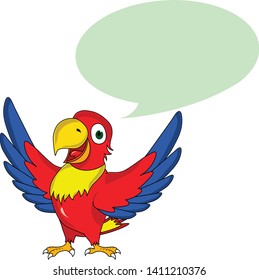 funny happy young smart colorful parrot talking with speech bubble