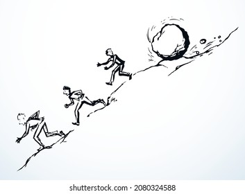 Funny hard power risky guy worker escape bill debt pay market fail stress panic crash attack fun move white sky. Line black male work snow ball logo icon sign old retro art hand doodle sketch vector