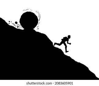 Funny hard power risky guy worker escape bill debt pay market fail stress panic crash attack fun move white sky. Line black male work snow ball logo icon sign old retro art hand doodle sketch vector