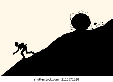 Funny hard power risky guy worker escape bill debt pay market fail stress panic crash attack fun move white sky. Line black male work snow ball logo icon sign old retro art hand doodle sketch vector