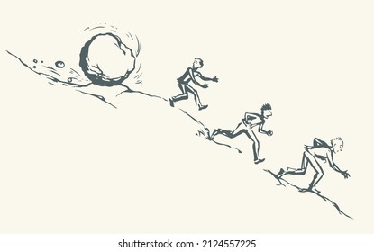Funny hard power risky guy worker escape bill debt pay market fail stress panic crash attack fun move white sky. Line black male work snow ball logo icon sign old retro art hand doodle sketch vector