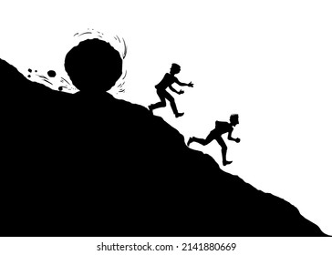 Funny hard power risky guy worker escape bill debt pay market fail stress panic crash attack fun move white sky. Line black male work snow ball logo icon sign old retro art hand doodle sketch vector