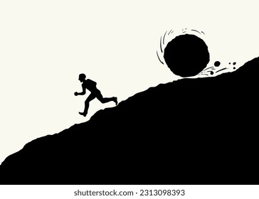 Funny hard power risky guy worker escape bill debt pay market fail stress panic crash attack fun move white sky. Line black male work snow ball logo icon sign old retro art hand doodle sketch vector