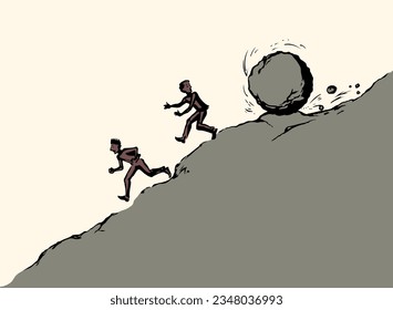 Funny hard power risky guy worker escape bill debt pay market fail stress panic crash attack fun move white sky. Line black male work snow ball logo icon sign old retro art hand doodle sketch vector