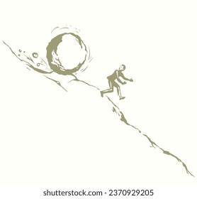 Funny hard power risky guy worker escape bill debt pay market fail stress panic crash attack fun move white sky. Line black male work snow ball logo icon sign old retro art hand doodle sketch vector