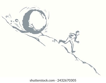 Funny hard power risky guy worker escape bill debt pay market fail stress panic crash attack fun move white sky. Line black male work snow ball logo icon sign old retro art hand doodle sketch vector