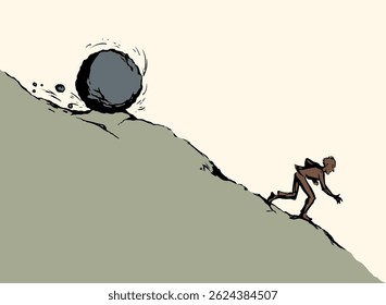Funny hard power risky guy worker escape bill debt pay market fail stress panic crash attack fun move white sky. Line black male work snow ball logo icon sign old retro art hand doodle sketch vector