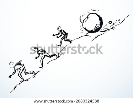 Funny hard power risky guy worker escape bill debt pay market fail stress panic crash attack fun move white sky. Line black male work snow ball logo icon sign old retro art hand doodle sketch vector