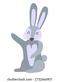 Funny hare cartoon hand drawn vector illustration in flat style. Can be used for printing on t-shirts, children s clothing, children s invitation cards. Beautiful gray rabbit in scandinavian style.