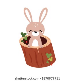 Funny Hare as Forest Animal Pepped Out from Hollow Log Vector Illustration