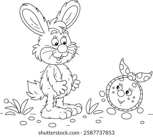 Funny hare and a freshly baked round loaf Kolobok talking on a path in a summer forest, black and white vector cartoon illustration for a coloring book