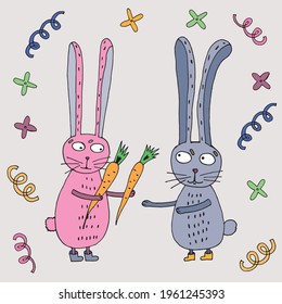 funny hare gives a gift to a bunny. Vector illustration. Isolated. Coloring pages for adults and children. Cartoon. Hand-drawn doodle style. Can be used in your projects in banners and posters.