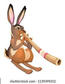 Funny hare is playing with the didgeridoo. Vector isolated cartoon character
