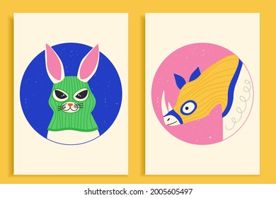 Funny hare and rhino wearing balaclava ski mask. Hipster rabbitand rhinoceros dressed as a robbers with a colorful thief mask. Isolated print for T-shirt, poster, mug, and for cricut.