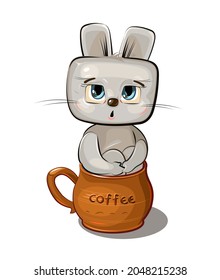 Funny Hare Sits In A Brown Ceramic Coffee Mug. Cute Comedian Animal. Flat Cartoon Style. Childrens Illustration Clipart Isolated On White Background. Vector.