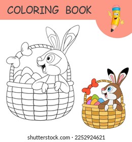 Funny Hare sitting in basket full of decorated Easter eggs. Coloring book with funny Rabbit. Template of colorless and color samples of cartoon Rabbit on coloring page. Practice worksheet for kids.