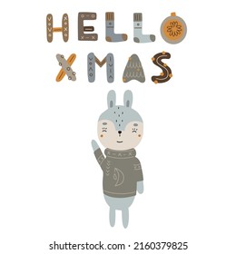 Funny hare in a sweater. Vector illustration isolated on white background. Lovely Christmas or New Year card.
