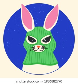 Funny hare wearing balaclava ski mask. Hipster rabbit dressed as a robber with a colorful thief mask. Isolated print for T-shirt, poster, mug, and for cricut.