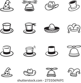Funny Hat doodle line art collection. Includes line art symbols party, costume, jester, wizard, cowboy and more. Isolated doodles. Hat doodle set. Minimalist doodles pack.
