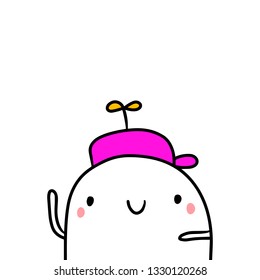 Funny hat hand drawn illustration with cute marshmallow cartoon minimalism