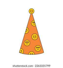 Funny hat for a party with emoticons. Birthday party hat. Vector isolated illustration. 