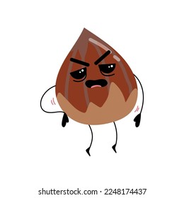Divertida avellana con linda ilustración de caricatura en la cara. Hazelnut, avellana de pie. Comida vegana o vegetariana, concepto de semilla, amor, emoción