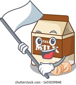 Funny hazelnut milk cartoon character style holding a standing flag