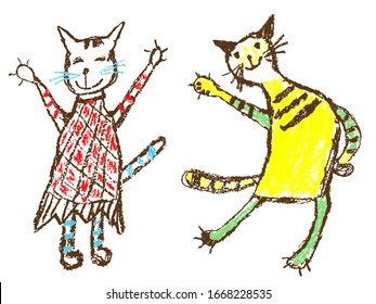 Funny he boy and she girl tabby two cats in dress. Wax crayon like child`s hand drawn cute smiling dancing kitten. Pastel chalk or pencil kids line art stroke cats. Vector artistic doodle simple pets