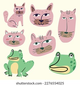 Funny Head of Cat and Frog with Boho Style
