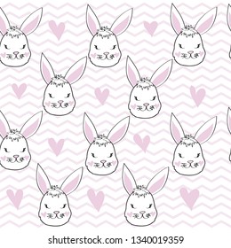 Funny head of a hare on a white and pink background seamless pattern