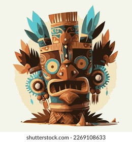 Funny head, totem. Set of trendy hawaii wooden tiki mask.