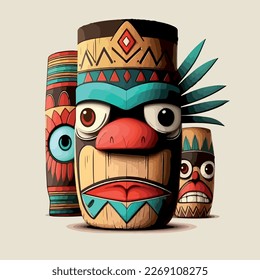 Funny head, totem. Trendy hawaii wooden tiki mask.