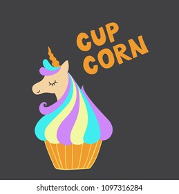 Funny head unicorn in cupcakes. Design element for print on clothes.