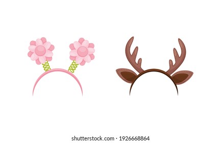 Funny Headbands with Flowers and Deer Antlers Vector Set