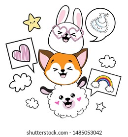 Funny heads bunny, sheep, fox on a kawaii style and dialog clouds on a white background