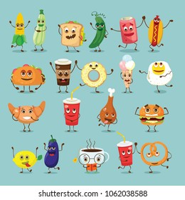 Funny  healthy and fast food characters with emotions, vector illustrations.