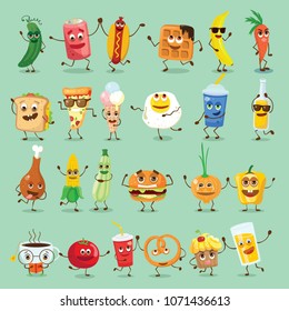 Funny  healthy and fast food characters with emotions, vector illustrations.