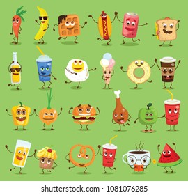 Funny healthy and fast food characters with emotions, vector illustrations.