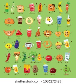 Funny healthy and fast food characters with emotions, vector illustrations

