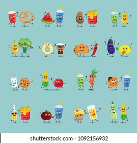 Funny healthy and fast food characters with emotions, vector illustrations