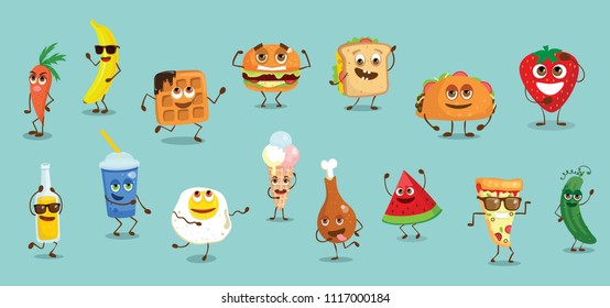 Funny healthy and fast food characters with emotions, vector illustrations.