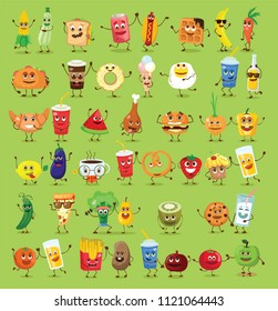 Funny healthy and fast food characters with emotions, vector illustrations.