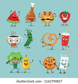 Funny healthy and fast food characters with emotions, vector illustrations.