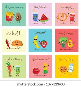 Funny healthy and fast food friends characters with emotions, vector illustrations
